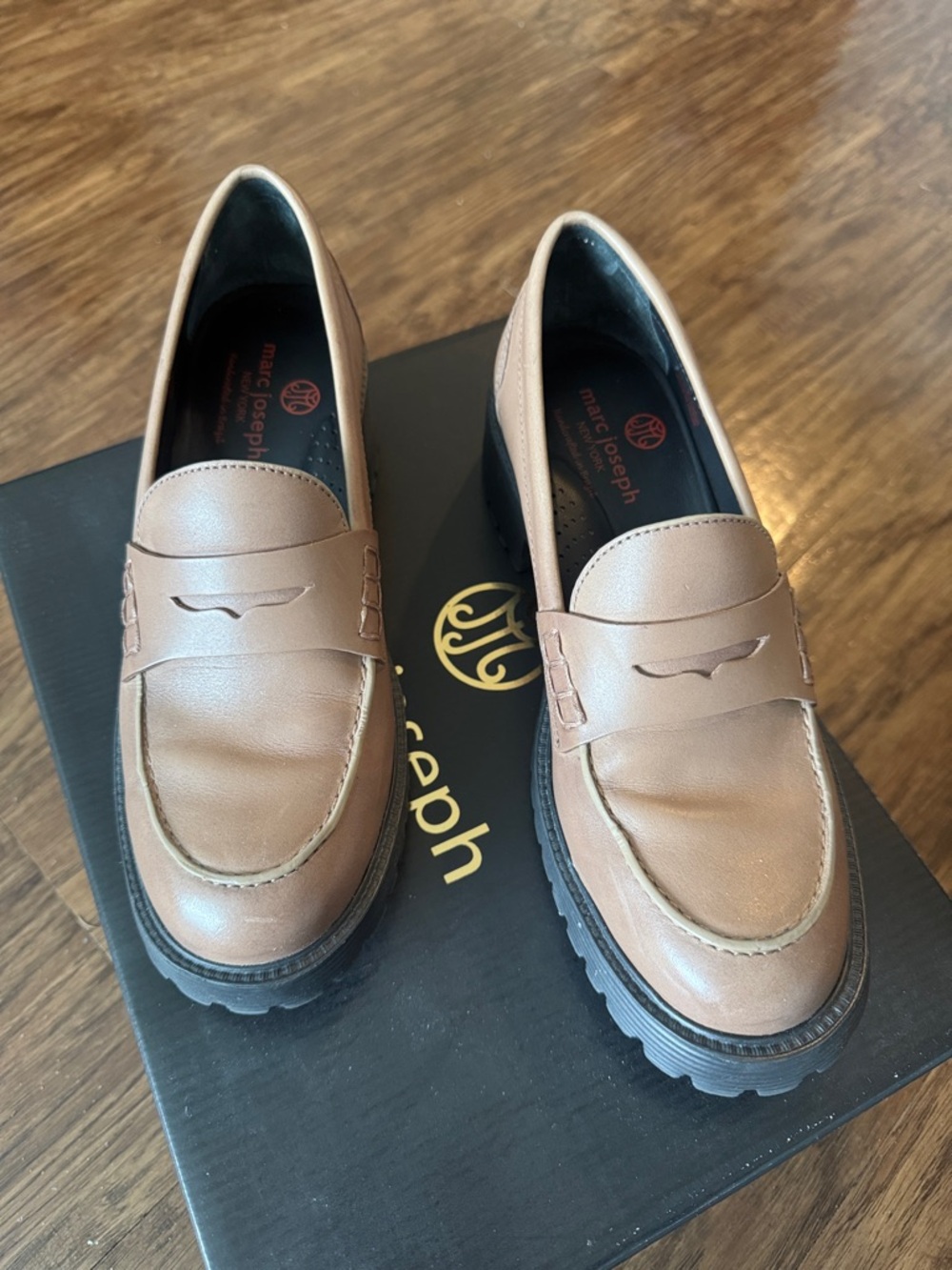 Marc Joseph Brown Leather Women's Penny Loafers with Lug Sole